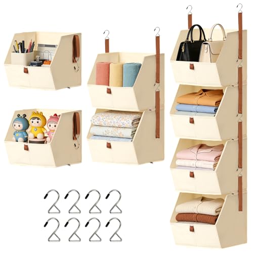 4 Tier Hanging Closet Organizer,Stackable Hanging Clothes Shelves,Space-Saving Closet System with Metal Hook,Fabric Collapsible Storage Baskets for Rv,Home,Homestay,Dorm(Beige)