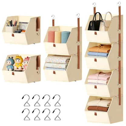 4 Tier Hanging Closet Organizer,Stackable Hanging Clothes Shelves,Space-Saving Closet System with Metal Hook,Fabric Collapsible Storage Baskets for Rv,Home,Homestay,Dorm(Beige)