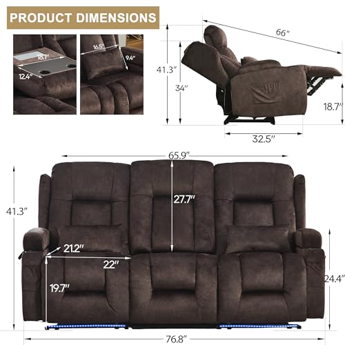 URRED Power Loveseat Recliner Sofa with Massage and Heat, Wall Hugger Reclining Loveseat with Console, RV Couch Home Theater Seating with LED Lights for Living Room (Brown, 76.8" - 3 Seats) - color: Brown, size: 76.8" - 3 Seats