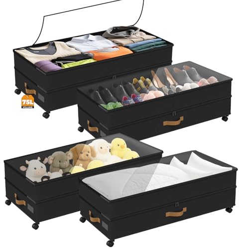 Under Bed Storage with Wheels 4-Pack, 75L XXL Under the Bed Storage Containers Large, 12" Tall Adjustable Storage for Underbed with Lids, Rolling for Shoes, Clothes, Blankets (4PCS-Black) - color: 4PCS-Black