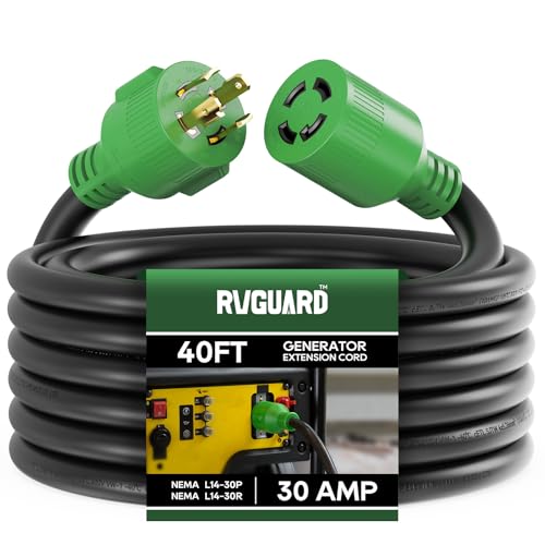RVGUARD 4 Prong 30 Amp 40 Foot Generator Extension Cord, NEMA L14-30P/L14-30R, 125/250V Up to 7500W 10 Gauge SJTW Cord with Organizer, ETL Listed - size: 40FT
