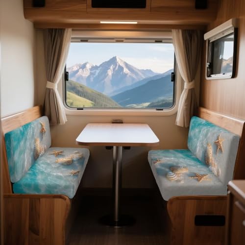 Beach Starfish Seashell Print RV Dinette Cushion Covers Wear-Resistan Camper Cushion Slipcover Fuzzy Flannel 2 Seat Sofa Chair Cover 1 Backrest Covers and 1 Bench Covers - color: Beach Starfish Seashell
