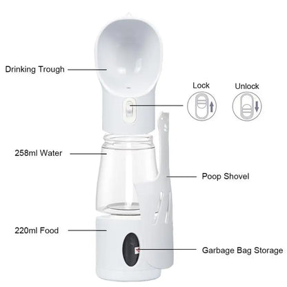 Cherry Pink 4-in-1 Portable Dog Water Dispenser+Food Storage+Built-in Poop Bag Holder+Scoop | 258ml Water & 220ml Food Capacity | Leakproof | Food-Grade ABS Material.