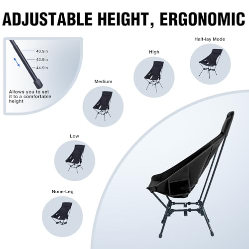 MOON LENCE Folding Portable High Back Camping Chairs for Adults, Adjustable Oversize Lightweight for Beach Hunting Hiking Backpacking (Black)