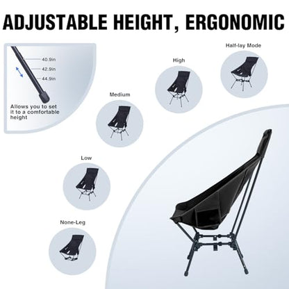 MOON LENCE Folding Portable High Back Camping Chairs for Adults, Adjustable Oversize Lightweight for Beach Hunting Hiking Backpacking (Black)
