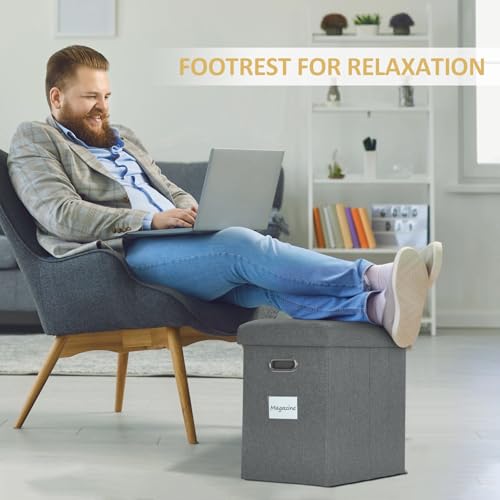 Tall Ottoman with Storage Collapsible Fabric Small Slim Folding Ottoman Furniture with Handles Lid for Room Footrest Foot Stool Linen Grey 16.5x16.5x11.8in - color: Grey