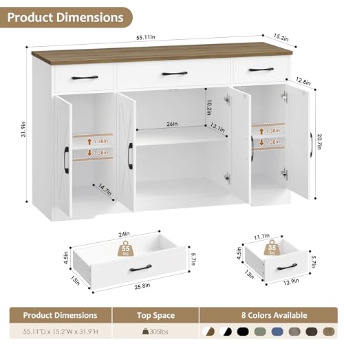 HOSTACK Buffet Cabinet with Drawers, 55" Large Sideboard Buffet Storage Cabinet with Shelves and Doors, Modern Farmhouse Coffee Bar Station Wood Kitchen Table for Kitchen, Dining Room, White/Rustic - color: White/Rustic