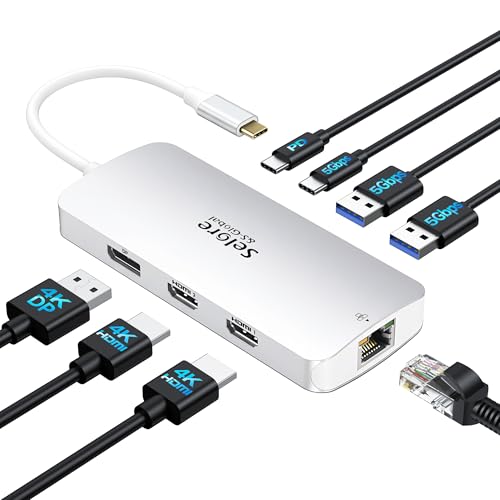 USB C Docking Station Dual Monitor, Selore Docking Station 3 Monitors Triple 4K Display with 2 HDMI, DisplayPort, 1 Gbps Ethernet, 100W PD Charging, USB 3.0 Ports Adapter for Dell, HP, etc(Silver) - color: Silver
