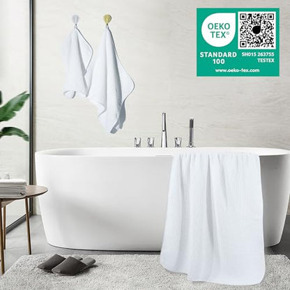 POLYTE 430 GSM Microfiber Quick Dry Lint Free Oversize Bath Towel Set, 6 Piece (Waffle Weave) - color: White