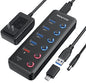 Powered USB 3.0 Hub, Wenter 6-Port USB Hub Splitter (4 Faster Data Transfer Ports+ 2Pcs 36W QC Charging Ports) with Individual LED On/Off Switches, USB Hub 3.0 Powered with Power Adapter - color: 4+1A+1C