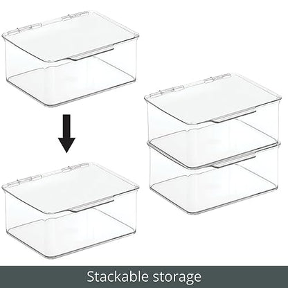 mDesign Plastic Playroom and Gaming Storage Organizer Box Containers with Hinged Lid for Shelves or Cubbies, Holds Small Toys, Building Blocks, Puzzles, Markers, Controllers, or Crayons, 8 Pack, Clear
