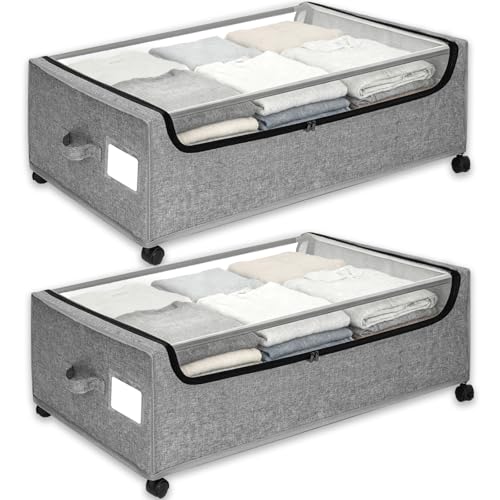 Under Bed Storage with Wheels, 2-Pack Under the Bed Storage Containers with Clear Lids & Label, Underbed Storage Bins, XXXL 85L 11 inches Rolling Metal Drawer for Clothes, Shoes, Toys, Books - Gray - color: Gray-2Pack, size: 11 inch-height