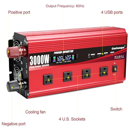 Cantonape 3000W Power Inverter 12V to 110V/120V DC to AC with LCD Display, Remote Controller 4 x AC Outlets and 4 x 3.1A USB Car Adapter for Car Truck Boat RV Solar System - size: 3000W-12V