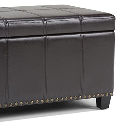 SIMPLIHOME Amelia Storage Ottoman - 33 inch Wide Vegan Leather Rectangle Storage Ottoman Bench in Tanners Brown, Transitional Ottoman for Living Room with Nailhead Trim and Lift-Up Lid - color: Tanners Brown
