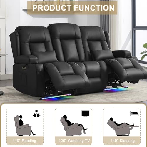 URRED Power Loveseat Recliner Sofa with Massage and Heat, Wall Hugger Reclining Loveseat with Console, RV Couch Home Theater Seating with LED Lights for Living Room (Black, 76.8" - 3 Seats) - color: Black, size: 76.8" - 3 Seats