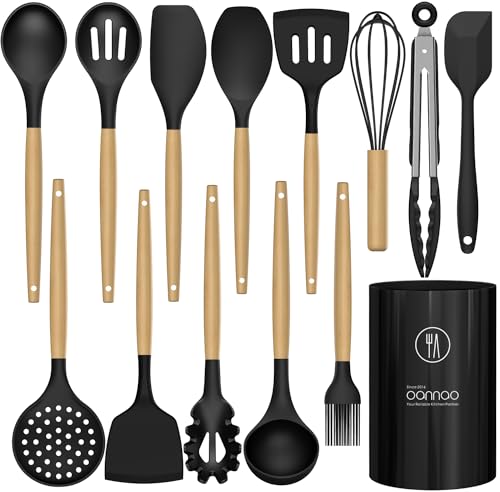 oannao Silicone Cooking Utensils Set Utensil Sets - 446°F Heat Resistant Silicone Kitchen Utensils Set Wooden Handles, Silicone Utensils for Cooking w Holder for Non-Stick Cookware BPA FREE (Black) - color: Black