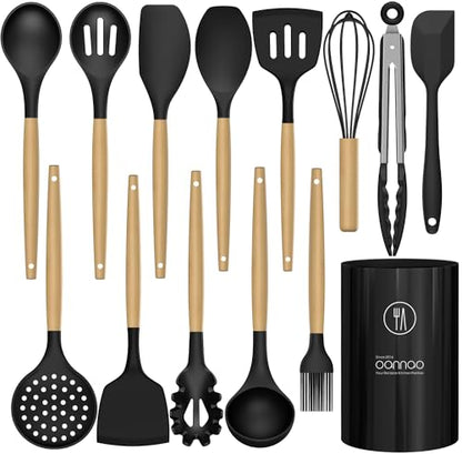 oannao Silicone Cooking Utensils Set Utensil Sets - 446°F Heat Resistant Silicone Kitchen Utensils Set Wooden Handles, Silicone Utensils for Cooking w Holder for Non-Stick Cookware BPA FREE (Black) - color: Black