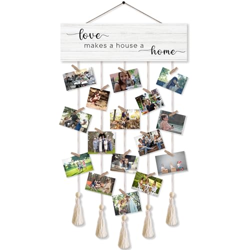 Love Makes A House Home Hanging Photo Display Board With 16 Clips 5 Strings,Rustic Style Picture Collage Frames Wall Decor Wood Hanging For Home Living Room Décor,Housewarming Gifts - color: Love Makes A House