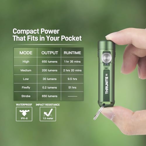 ThruNite Ti Keychain Flashlight, USB-C Rechargeable Mini Flashlight, 650 Lumens with Magnetic Tailcap, IPX-6 Waterproof EDC Pocket Light for Camping, Everyday Carry (Dark Green) - color: Dark Green