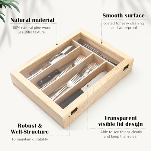 Baderke Silverware Storage Box with Lid Kitchen Drawer Organizer Utensil Organizer with Lid 5 Slots Wooden Silverware Storage Case Silverware Container Tray for Kitchen Cutlery Countertop