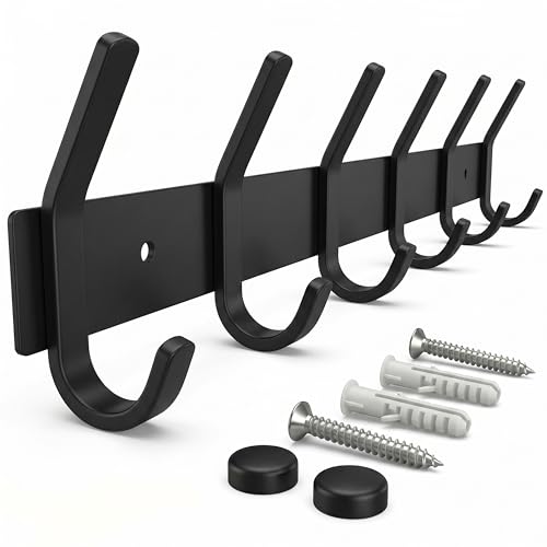 Coat Rack Wall Mount – 17 Inch Stainless Steel Hook Rail with 6 Double Coat Hooks for Hanging – Wall Mounted Entryway Organizer for Coats, Hats, Bags, Towels, Robes, Bedroom or Bathroom - Black - color: Black, size: 6 Hooks - 1 Pack