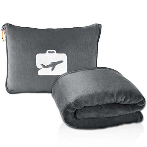 EverSnug Travel Blanket and Pillow - Premium Soft 2 in 1 Airplane Blanket with Soft Bag Pillowcase, Hand Luggage Sleeve and Backpack Clip (Grey) - color: Grey
