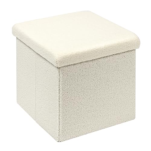 PINPLUS Folding Ottoman Bench Cube, White Teddy Velvet Fabric Storage Ottoman, Foot Stool Footrest for Living Room, Dorm Room, Entryway, Office, 15.7'' x 15.7'' x 15.7'' - color: White, size: 15.7"D x 15.7"W x 15.7"H