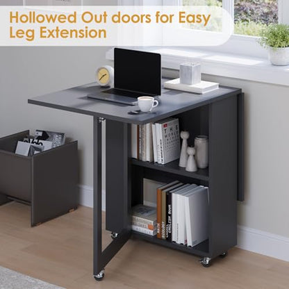 LotFun Folding Dining Table with 6 Wheels, 2-Layer Storage Shelf & Drawer, Space Saving Farmhouse Kitchen Table for Small Spaces - color: Grayish Black