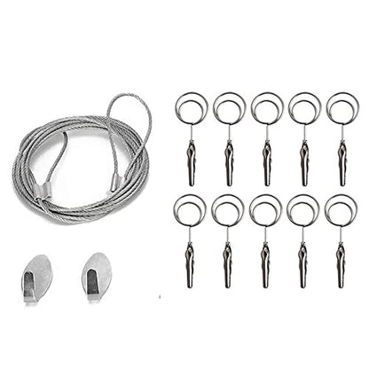 Multi-Purpose Steel Wall Hanging Photo Display Cable Wire Rod with 12 Adjustable Clips for Hanging Photos Notes Postcard and Artworks (Round) - size: Round