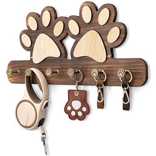 MTERSN Farmhouse Key Holder for Wall - Decorative Dog Leash Hanger Wall Mounted and Coat Rack with 6 Unique 3D Dogs Claw Hooks - Dog Accessories Organizer for Rustic Home Decor（Brown） - color: Brown