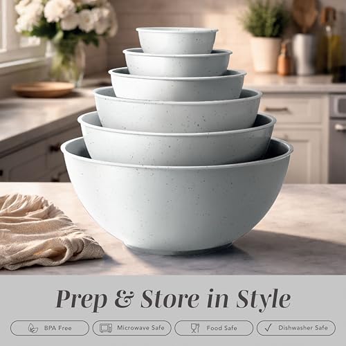 COOK WITH COLOR Mixing Bowls with TPR Lids - 12 Piece Plastic Nesting Bowls Set includes 6 Prep Bowls and 6 Lids, Microwave Safe Mixing Bowl Set (Speckled White) - color: Speckled White TPR Lids