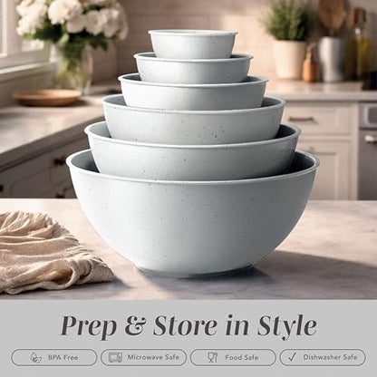 COOK WITH COLOR Mixing Bowls with TPR Lids - 12 Piece Plastic Nesting Bowls Set includes 6 Prep Bowls and 6 Lids, Microwave Safe Mixing Bowl Set (Speckled White) - color: Speckled White TPR Lids