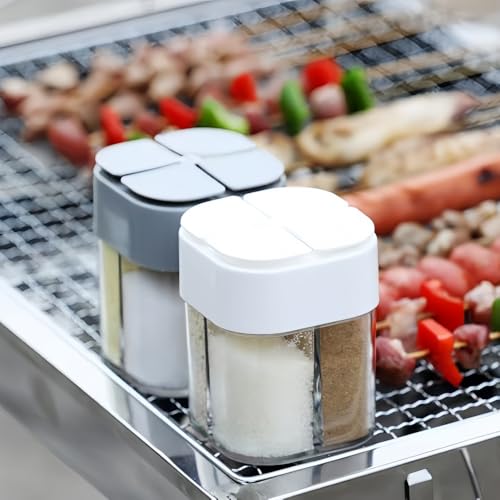2Pack 4in1 Plastic Salt and Pepper Shaker, Transparent seasoning shaker can filter block shaped spice jars, suitable for family restaurants, camping, travel, cooking, barbecue