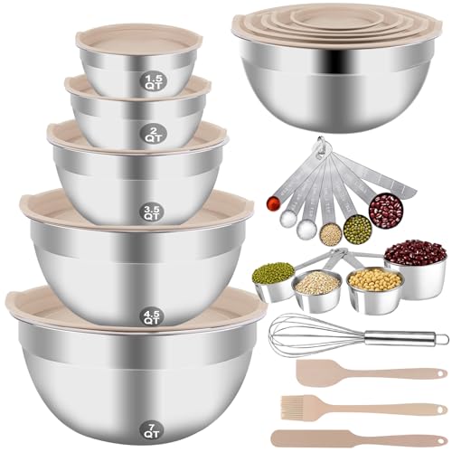 WEPSEN Mixing Bowls Set, 25PCS Khaki Mixing Bowls With Lids Set Stainless Steel Kitchen Large Nesting Metal Bowl 7QT to 1.5QT, Measuring Cups and Spoons for Prepping Cooking Serving - color: Khaki Bowls Set