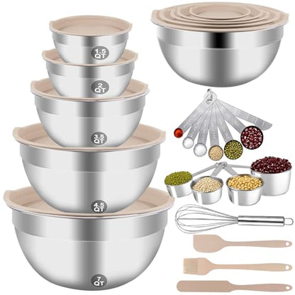 WEPSEN Mixing Bowls Set, 25PCS Khaki Mixing Bowls With Lids Set Stainless Steel Kitchen Large Nesting Metal Bowl 7QT to 1.5QT, Measuring Cups and Spoons for Prepping Cooking Serving - color: Khaki Bowls Set