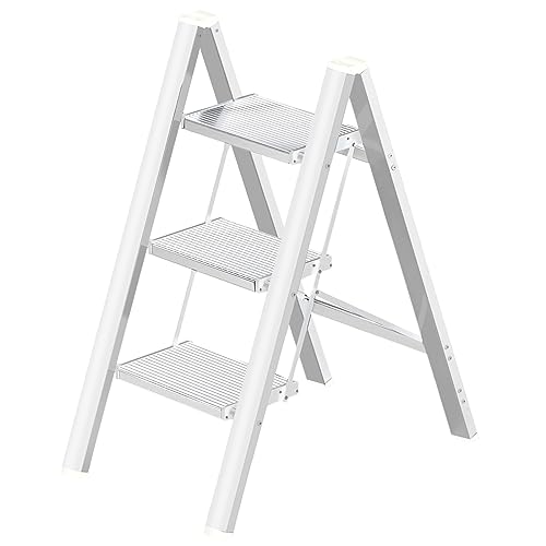 Aluminium 3 Step Ladder Folding Stool-330lb Capacity Ladders with Anti-Slip Wide Pedal Portable Kids/Adults, Lightweight Ladder, Portable Multi-use Scene for Home/Kitchen/Office/Garden/Yard - color: White New, size: 3 Step