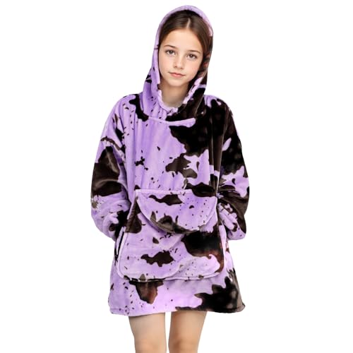 Purple Wearable Blanket Hoodie for Teen Girls - Lightweight Cozy Purple Fleece Fuzzy Hooded Blanket Sweatshirt with Pocket, Birthday Gifts for Girls 6-13 Year - color: Black Purple, size: Kids-M
