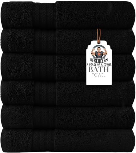 HERCULEAN Large Bath Towels 24 x 50 Pack of 6 | Quick Dry and Highly Absorbent | 100% Cotton Terry Towels for Bathroom - Perfect for Shower - Pool and Spa - Luxury Soft Towels - Black - color: Black, size: 24" x 50" PK 6