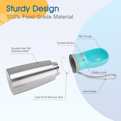 Portable Dog Water Bottle, 24 OZ, Stainless Steel Leak Proof Puppy Water Dispenser with Drinking Feeder for Pets Travel, Walking, Hiking and Outdoor Activities - size: 24 OZ - Blue, style: Button switch