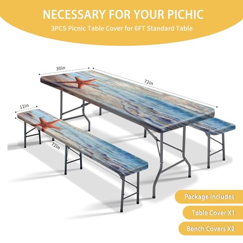 Park Picnic Table Cover with Bench Covers Lightweight Camping Essentials, Oil-Proof Waterproof 3PCS Tablecloth with Elastic, Fitted for Table 6FT Rectangle and Seats, Board Beach (72x30in) - color: Board Beach
