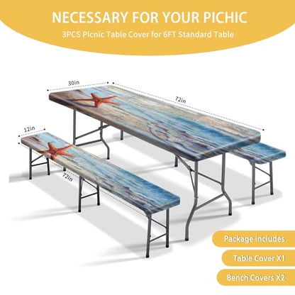 Park Picnic Table Cover with Bench Covers Lightweight Camping Essentials, Oil-Proof Waterproof 3PCS Tablecloth with Elastic, Fitted for Table 6FT Rectangle and Seats, Board Beach (72x30in) - color: Board Beach