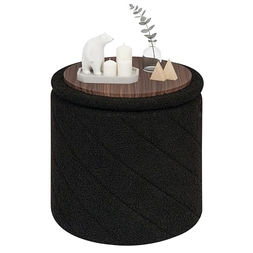 PINPLUS Ottoman with Stroage Round Boucle Ottoman and Tray Sherpa Removable Foot Stool Coffee Table for Dorm, Living Room Black, 13"x13"x13.7" - color: Black, size: 13"D x 13"W x 13.8"H