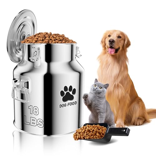 Metal Dog Food Storage Container 18Lbs, Stainless Steel Dog Food Storage Container with Lids Airtight, Pet Food Storage Container for Dogs, Cat Food Bin with Spoon, Keep Food Fresh, Easy to Clean