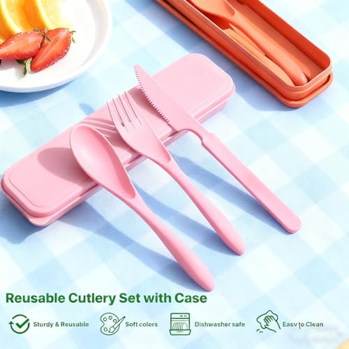 Travel Utensils with Case, Camping Utensil Sets, Wheat Straw Portable Knife Fork Spoons Tableware, Reusable Utensils for Lunch Box (Pink) - color: Pink