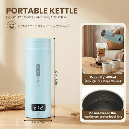 Portable Electric Kettle for Travel, Small Hot Water Kettle with NTC Temperature Control and Auto Shut-Off, 316 Stainless Steel, Blue 120V & 15oz - color: Light blue