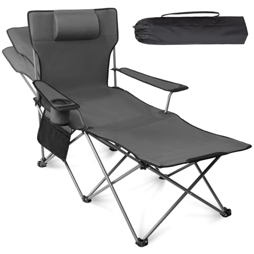apollo walker Reclining Beach Chair, Adjustable 90-135° Backrest Camping Lounge Chairs for Adults, Folding Chair with Foot Rest & Detachable Pillow - Standard 6-Leg, Grey - color: Grey, style: 6-Leg
