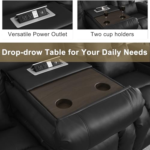 URRED Power Loveseat Recliner Sofa with Massage and Heat, Wall Hugger Reclining Loveseat with Console, RV Couch Home Theater Seating with LED Lights for Living Room (Black, 76.8" - 3 Seats) - color: Black, size: 76.8" - 3 Seats