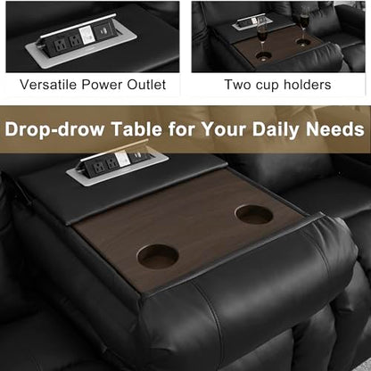 URRED Power Loveseat Recliner Sofa with Massage and Heat, Wall Hugger Reclining Loveseat with Console, RV Couch Home Theater Seating with LED Lights for Living Room (Black, 76.8" - 3 Seats) - color: Black, size: 76.8" - 3 Seats