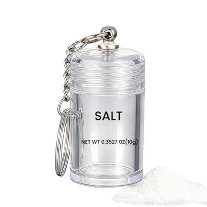 Mini Salt Keychain Bottle – Refillable AS Travel Salt Shaker – Portable Spice Jar with 2 Stickers – Small Key Chain Shaker for Camping, Office, Picnics, Lunchboxes