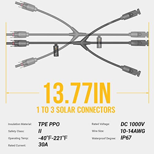 BougeRV Solar Y Branch Connectors Solar Panel Parallel Connectors 1 to 3 Solar Cable Wire Plug Tool Kit (M/FFF and F/MMM) - size: 1 Pair M/FFF and F/MMM